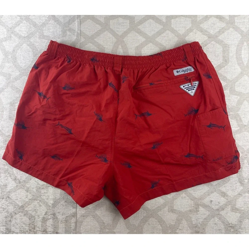 Columbia PFG Mens Red Marlin Skeleton Print Fishing Shorts Size‎ Large 6L Nylon